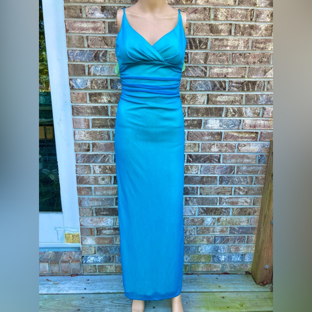 Vintage 90s Electric Blue & Light Green Open Back Ruffle Prom Dress